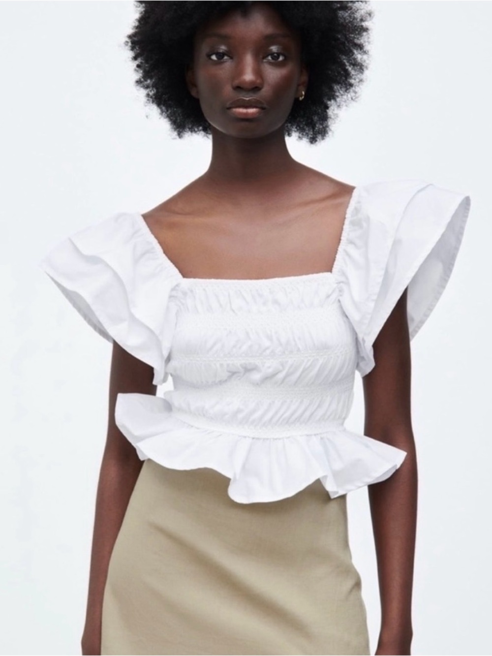 Zara White Smocked Ruffle Peplum Top - Women